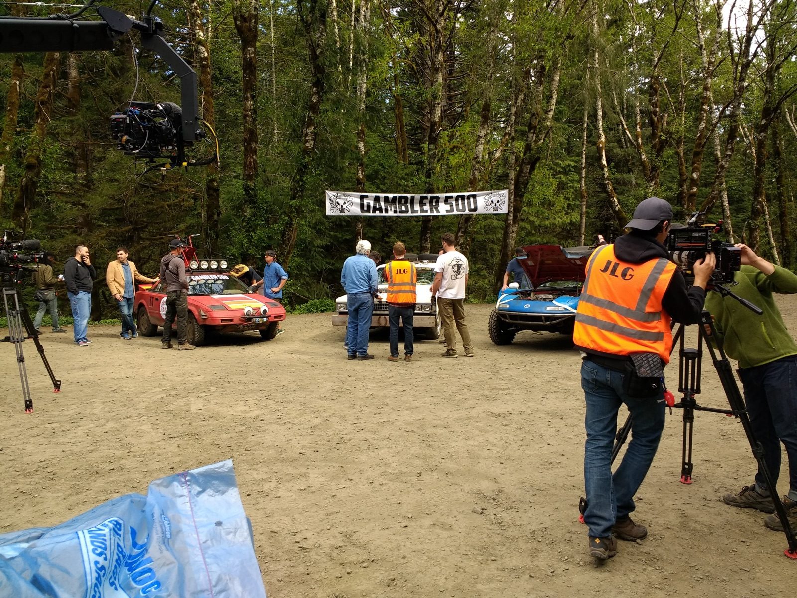 Jay Leno with Tate Morgan and the Gambler 500 crew during filming